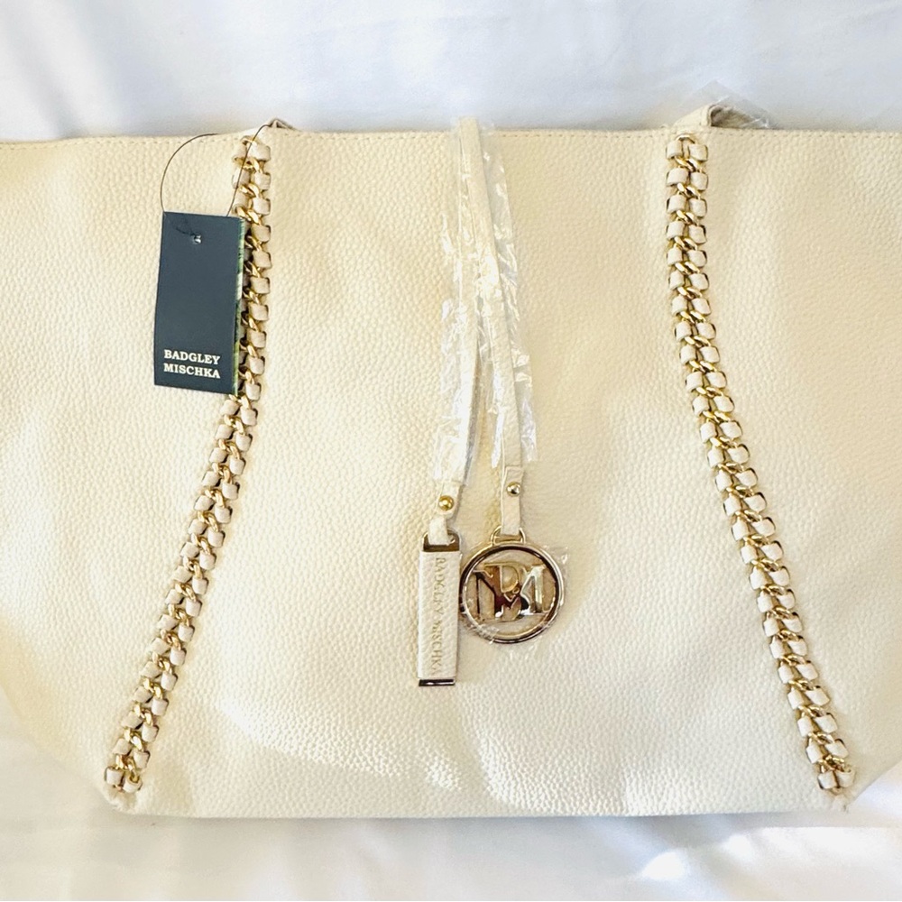 Badgley Mischka Ivory Tote with Gold Chains